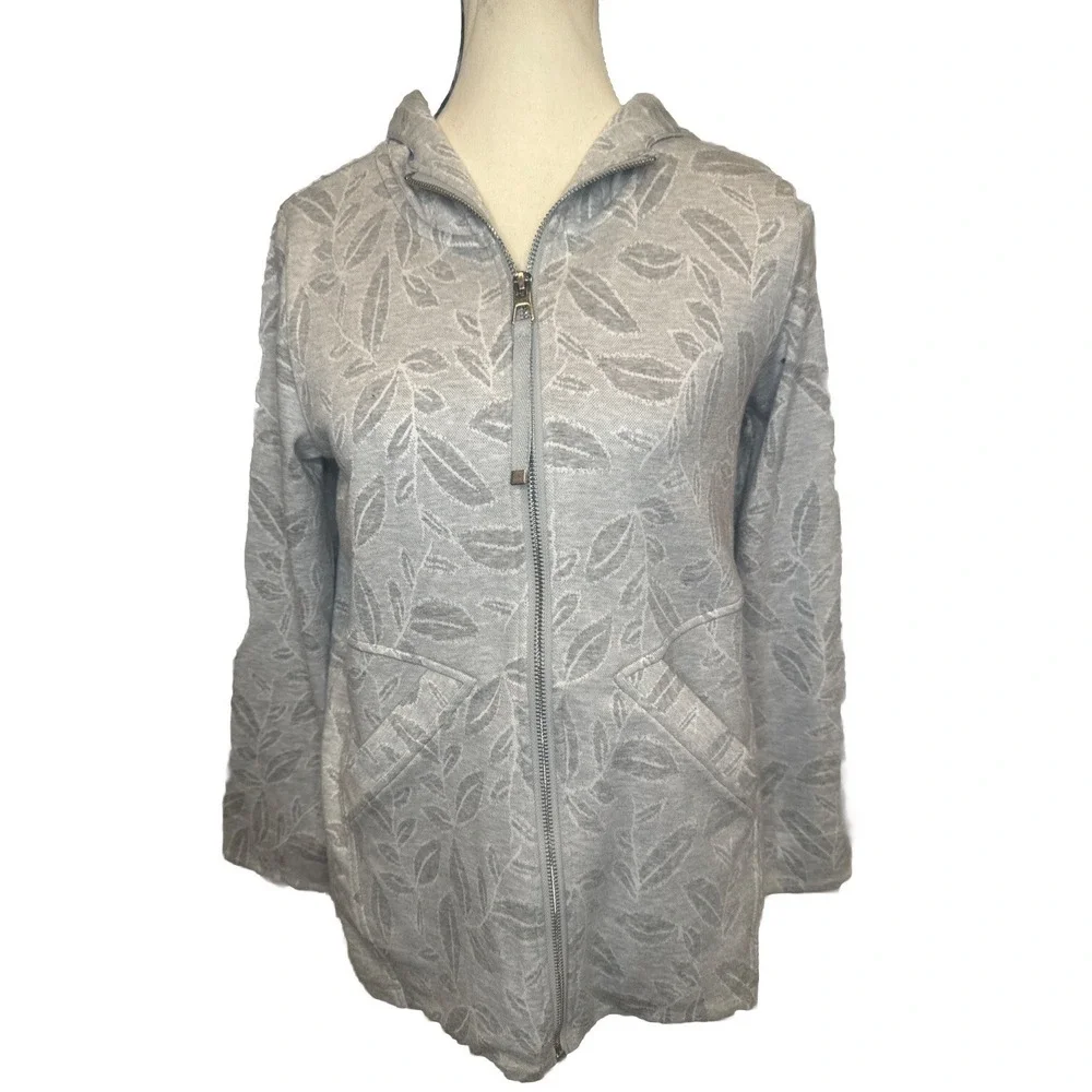 Soft Surroundings GRAY Floral Jacquard Full Zip Hooded‎ Jacket Sz Petite XS